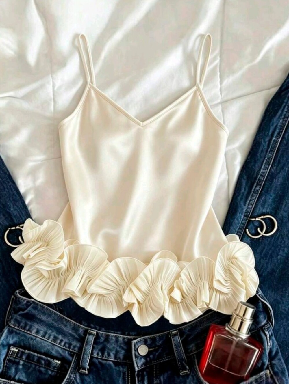 Women's Elegant Cream White Lace Hem Camisole,Elegant Summer Tea Party Top - Picture 4 of 6